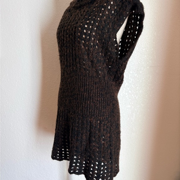 VTG y2k brown black cache chunky knit sweater short sleeve long top dress neck L - Picture 6 of 11